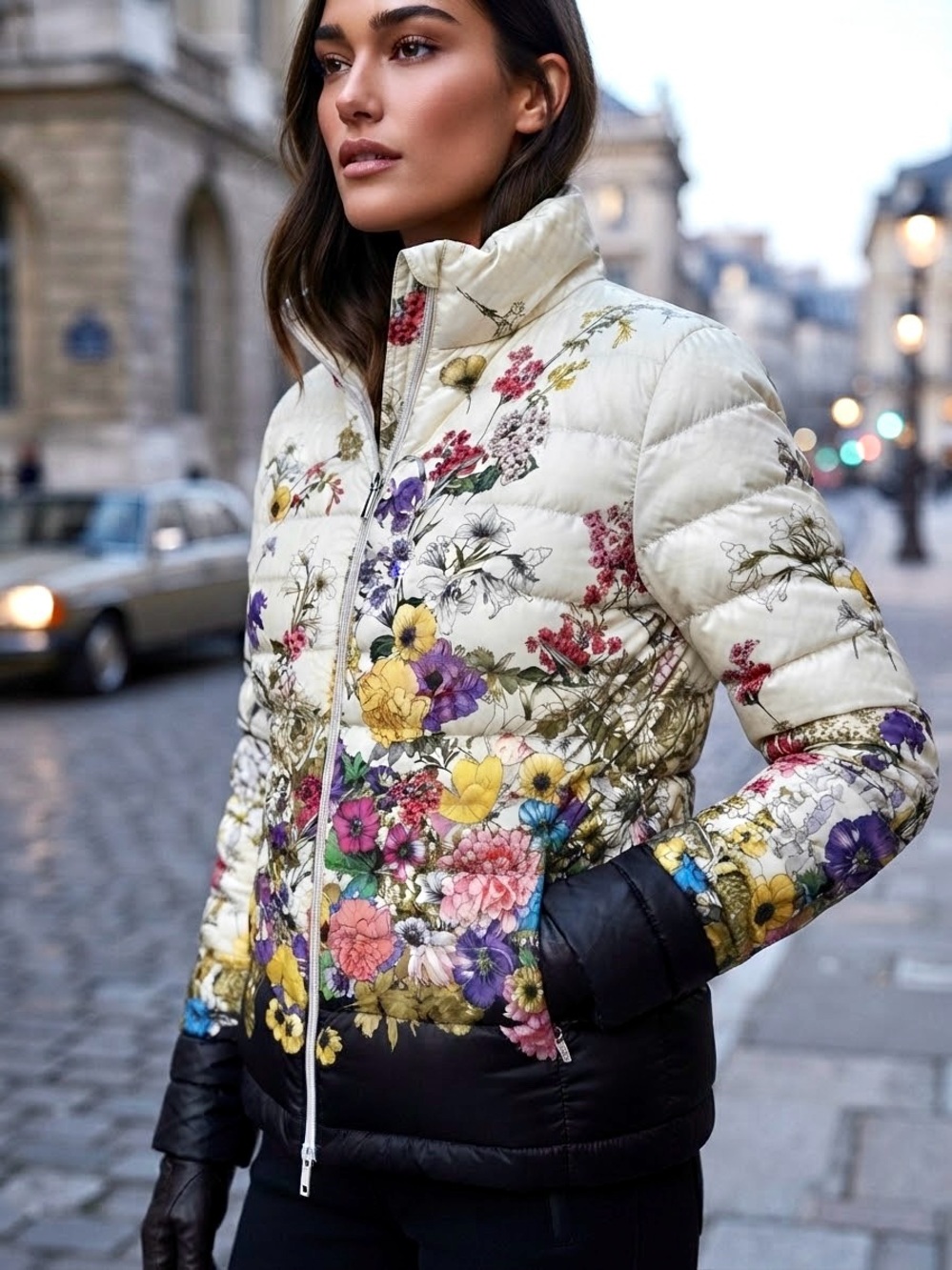 EUC Moncler Alisia Floral Botanical Print Down Puffer Jacket Coat Size 2